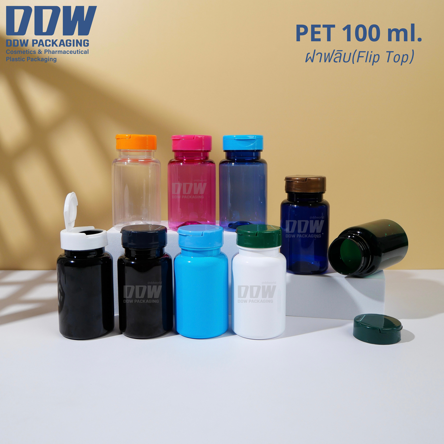 ขวดยากลม PET 100ml. พร้อมฝาป๊อกแป๊ก ฝาFlip top