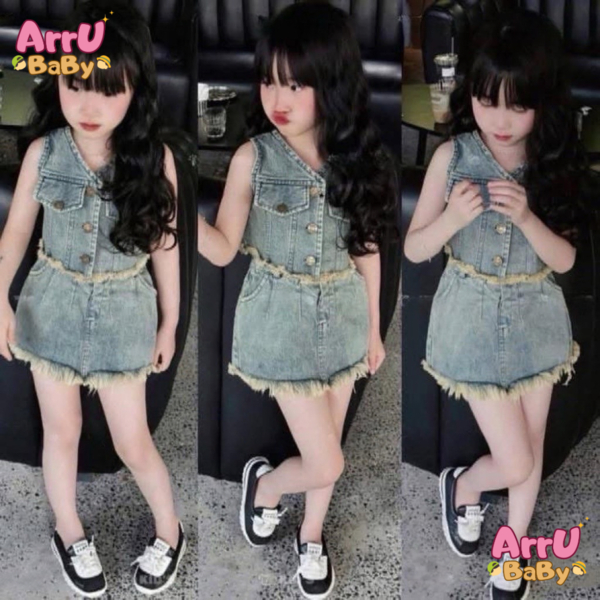 ชุดเซ็ตแฟชั่นเด็กผู้หญิงน่ารักๆ ชุดยีนส์ทั้งชุดแต่งชายผ้า ไซส์S,M,L,XL รหัสLOS
