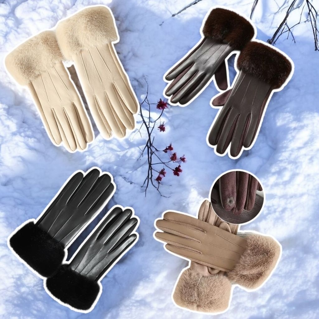 J55: ถุงมือหนังpuบุขน แต่งขนมิ้งค์เฟอร์ที่ข้อมือ สวย อลัง มีปักที่นิ้วชี้ ใช้ทัชสกรีนได้(กดหนักๆ)