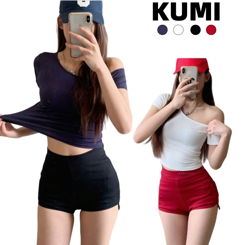 KumiKumi พร้อมส่ง🍒คอไม่สมมาตร🍒เสื้อยืดผู้หญิง เสื้อยืดมีฟองน้ำ แขนสั้น เสื้อแขนสั้นปาดไหล่ข้างเดี่ยว สีพื้น แมทช์ง่าย ต้