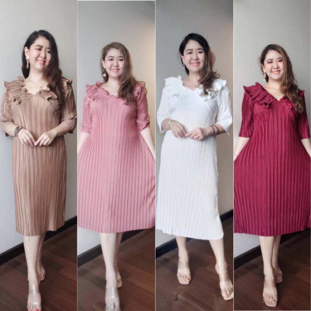 pleated Dress แฟชั่นชุดพลีท ชุดใส่ออกงานเนื้อผ้าอัดพลีท แฟชั่นสาวอวบ ชุดใส่ทำงาน