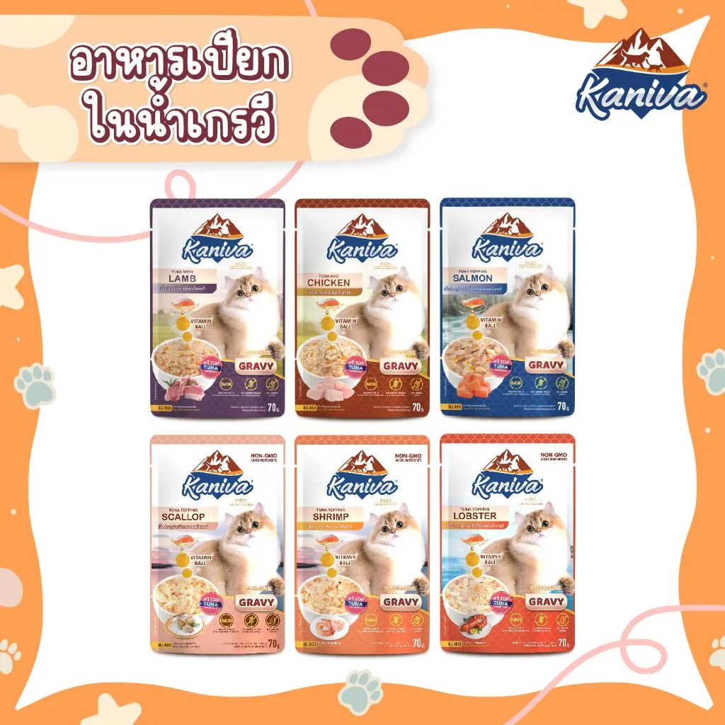 (12 ซอง/1 โหล) Kaniva Pouch In Gravy อาหารแมวชนิดเปียก เนื้อปลาทูน่าในน้ำเกรวี่ ผสมวิตามินบอล ขนาด 70 G.