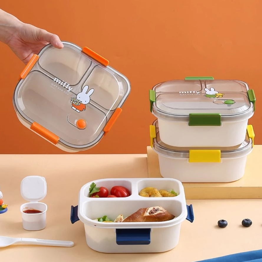 กล่องอาหารกลางวัน Miffy น่ารัก 3 ช่อง พกพาสะดวก อุ่นไมโครเวฟได้ แถมกล่องจุ่ม+ ช้อน