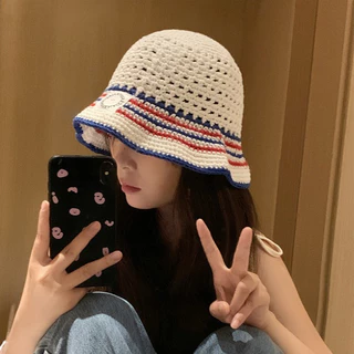 พร้อมส่งในไทย หมวกบักเก็ต ไหมพรมถัก ระบายอากาศ ตัดขอบลาย สไตล์เกาหลีขนาด 55-58ซม.