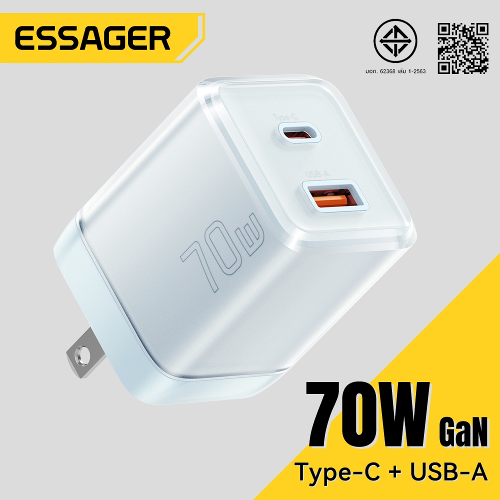 Essager 70W MAX Type-C+USB-A เครื่องชาร์จแบบพกพา ทำงานร่วมกับอุปกรณ์ได้หลากหลาย