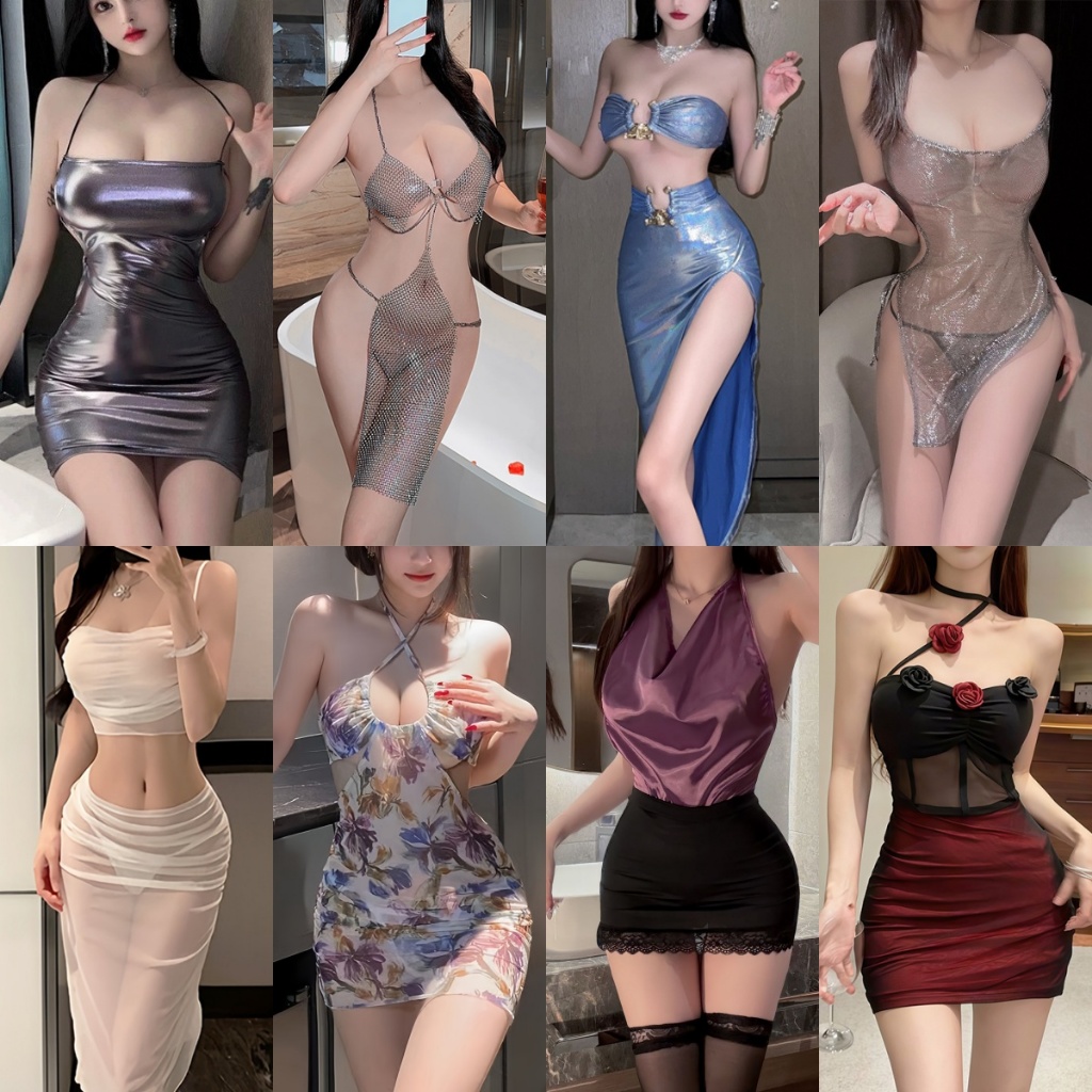 Sexy Charm💦💦ชุดยั่วผัว เสื้อเกาะอกด้านบน+กระโปรงยาว ผ้ามันวาว กรีดสูง แฟชั่น เซ็กซี่