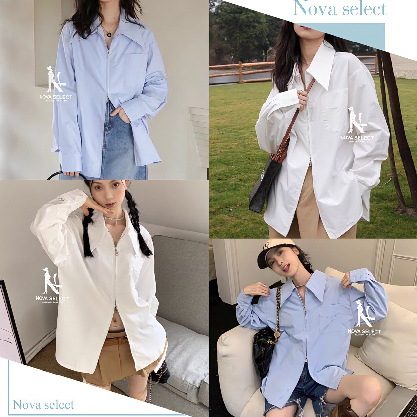 พร้อมส่ง เสื้อเชิ้ตมีซิปบน-ล่าง แขนยาว คอปก โอเวอร์ไซส์ เชิ้ตผู้หญิง สไตล์เกาหลี เสื้อมินิมอล Clothing Women