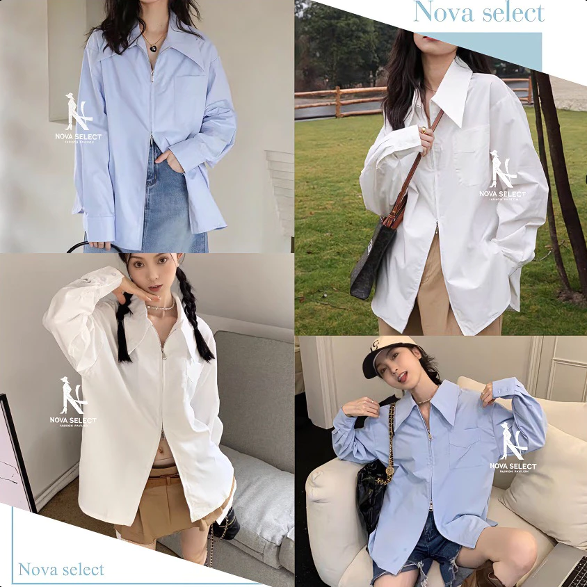 พร้อมส่ง เสื้อเชิ้ตมีซิปบน-ล่าง แขนยาว คอปก โอเวอร์ไซส์ เชิ้ตผู้หญิง สไตล์เกาหลี เสื้อมินิมอล Clothing Women