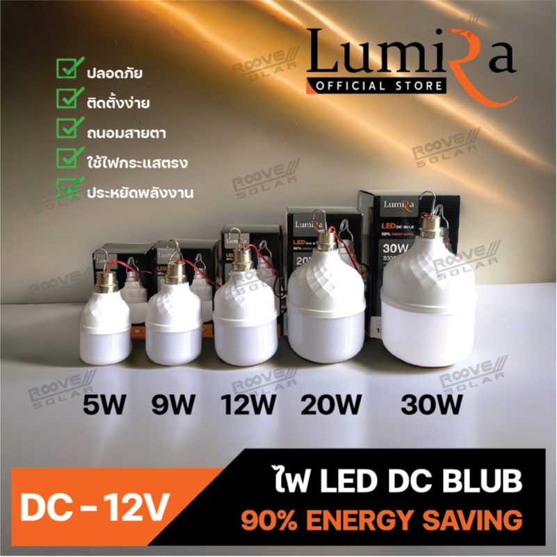 Lumira หลอดไฟโซล่า DC-12V แสงขาว แบบแขวน พร้อมสายคีบแบตเตอรี่ มีสวิตซ์ในตัว ประหยัดพลังงาน ประกัน 1ปี
