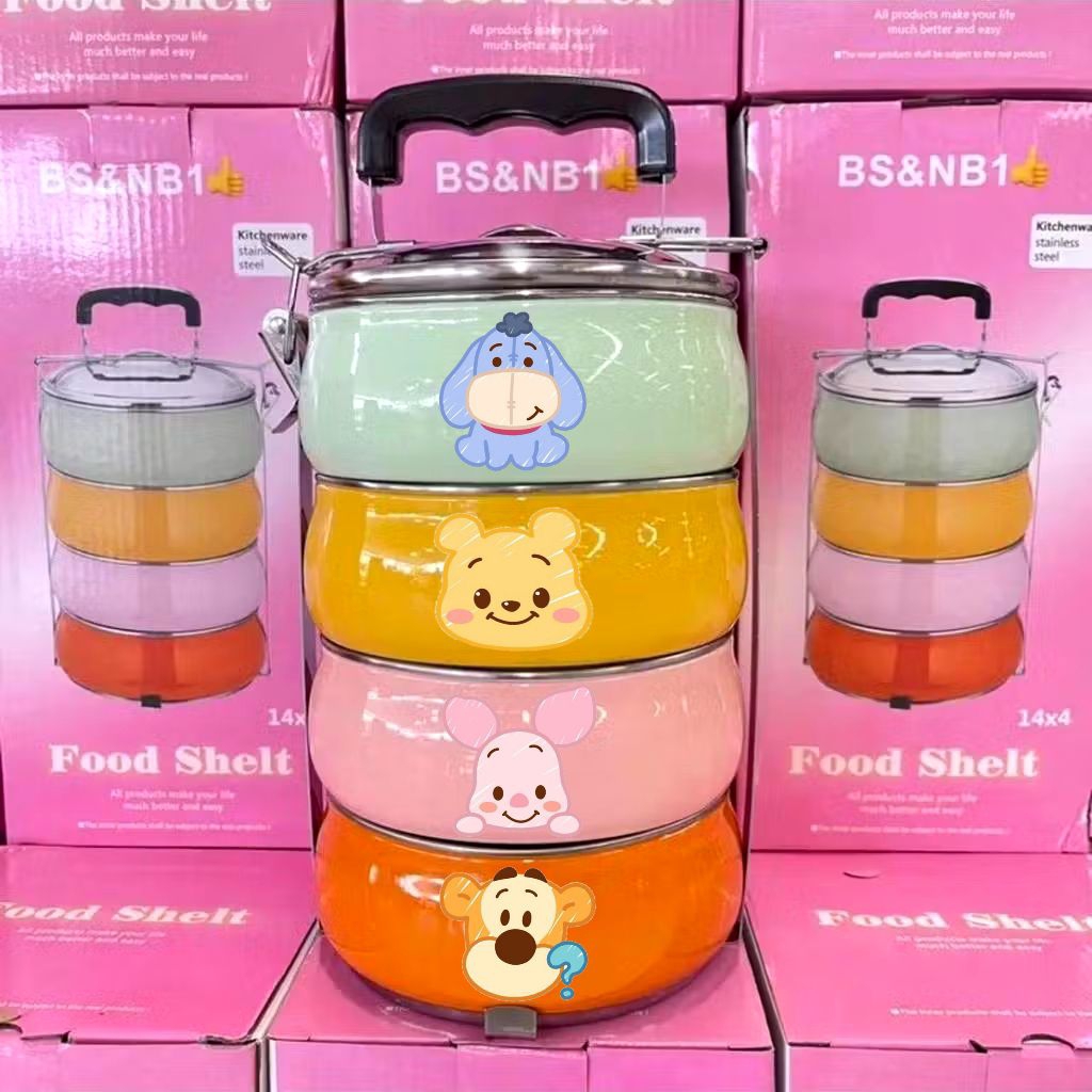ปิ่นโตสีพาสเทล4ชั้นลายหมีพูห์