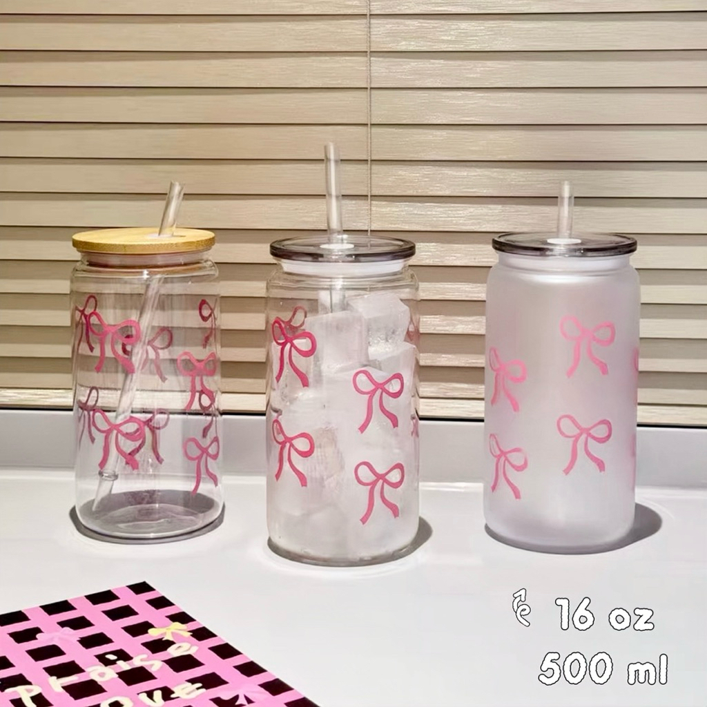 แก้วน้ำรูปโบว์ ขนาด 500 ml แก้วพกพา แก้วคาเฟ่ สีชมพู น่ารัก