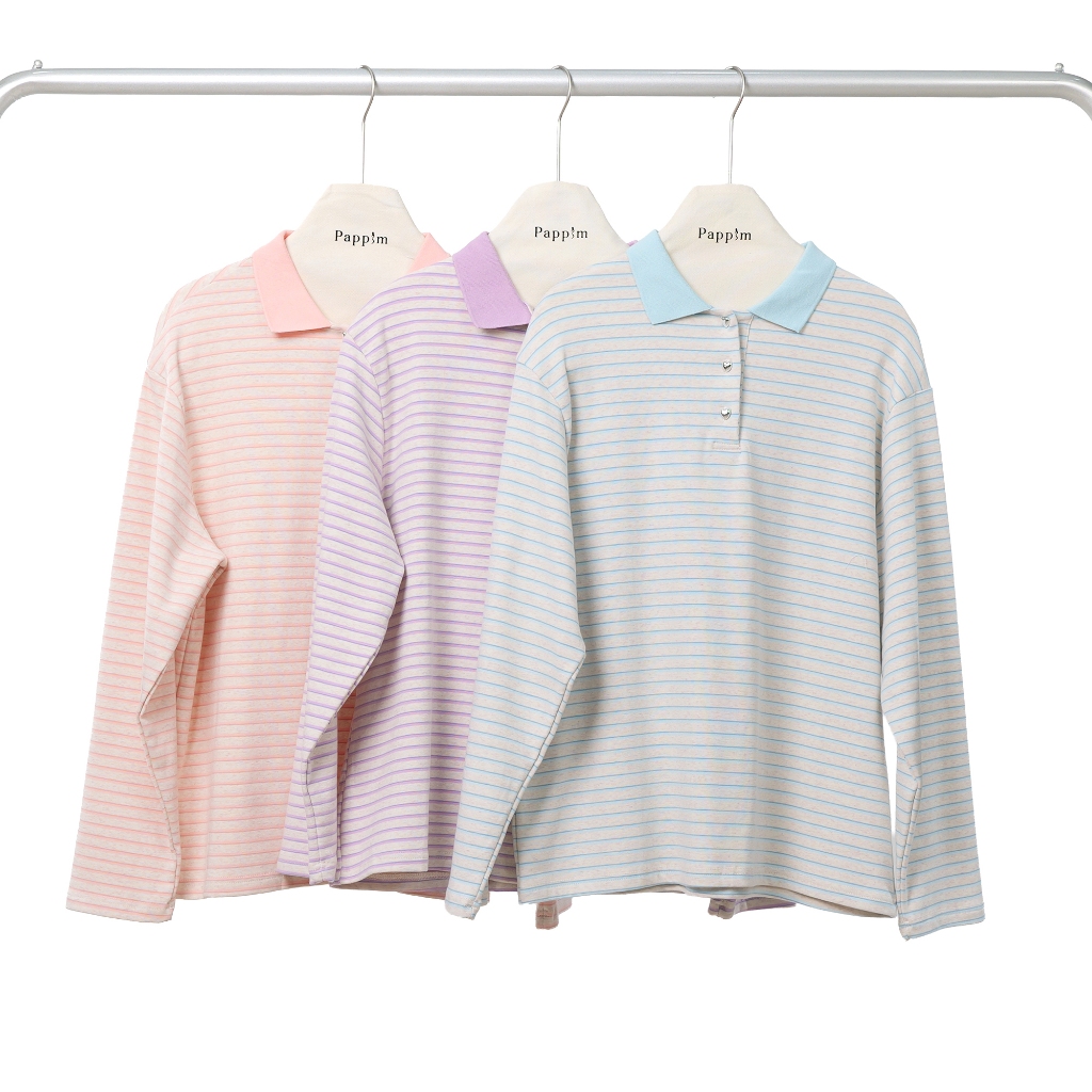 ( Pappim Shop ) 9908 เสื้อคอปกแขนยาว ทรงโอเวอร์ไซส์ แต่งกระดุมหัวใจด้านหน้า