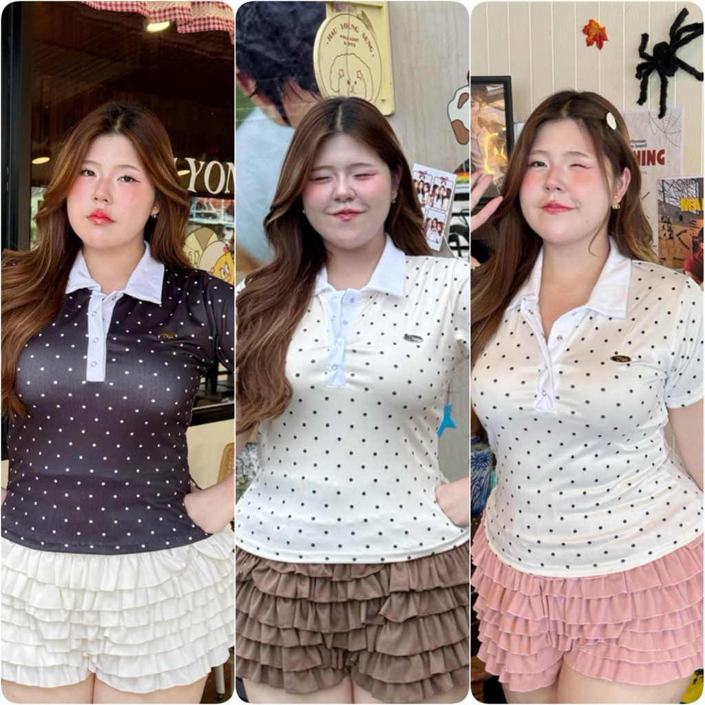 เสื้อเชิ๊ตคอปกแขนสั้น ผ้ายืดลายจุดนำเข้า พร้อมแต่งอะไหล่อก งานกระดุมใช้ได้จริง