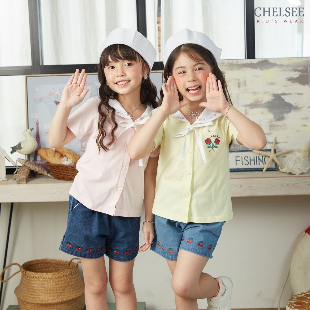 Chelsee เสื้อเชิ้ต ปกทหารเรือ ผูกโบว์ แขนสั้น เรียบๆ ผ้า 100%Cotton อายุ 1.5-10ปี เด็กผู้หญิง เสื้อผ้าเด็กโต รุ่น 238193
