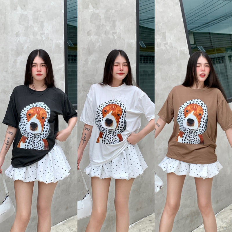 เสื้อยืดOVERSIZE เสื้อโอเวอร์ไซต์ พร้อมส่ง สกรีนลายน้องหมาจุดแน่นๆ ทรงโอเวอร์ไซต์ รุ่น OS หมาขาวใหญ่
