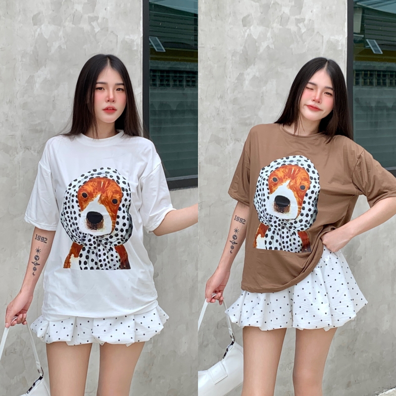 SpinnyHouse🌈เสื้อยืดOVERSIZE เสื้อโอเวอร์ไซต์ พร้อมส่ง สกรีนลายน้องหมาจุดแน่นๆ ทรงโอเวอร์ไซต์ รุ่น OS หมาขาวใหญ่