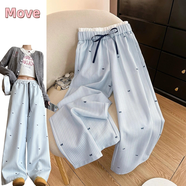 กางเกงผู้หญิงลายทางแฟชั่น เอวผูกโบว์น่ารัก - กางเกงขาไวด์ ใส่เที่ยวหรือทำงาน