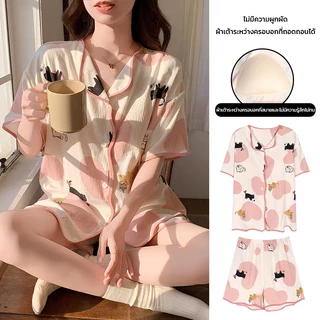💚พร้อมส่ง💚ชุดนอนผู้หญิง มีบราในตัว ชุดนอนแขนสั้นขาสั้น ลายการ์ตูน เนื้อผ้าใส่สบาย น่ารัก ขนาดใหญ่ M-4XL
