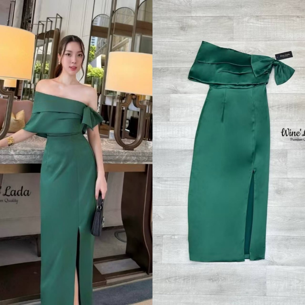 S M L XL มือ1 WINE LADA เดรสยาวใส่ออกงานสีเขียว แต่แขนทรงปาดไหล่และโบว์ด้านข้าง เสริมกันลื่น ใส่สวยสุดๆ ป้าย WINE LADA