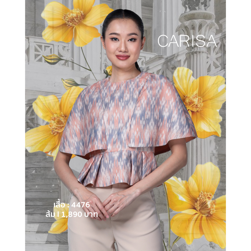 [4476] เสื้อผ้าไหมสังเคราะห์พิมพ์ลาย คอกลม แขนทรงระฆัง พร้อมด้วยจีบทวีตบริเวณช่วงเอว เพิ่มความหวาน