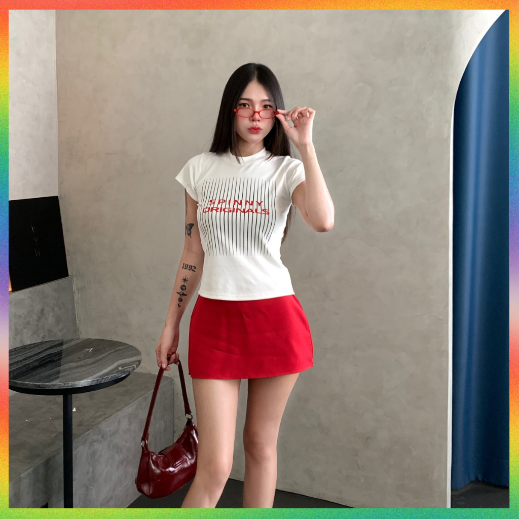 🌈MesubShop🌈เสื้อยืดรัดรูป เสื้อยืดผู้หญิง สกรีนลาย สไตล์ Y2K สุด พร้อมส่ง เสื้อทรงสลิมฟิต ผ้าร่องยืด รุ่น กิมจิร่อง2 ORI