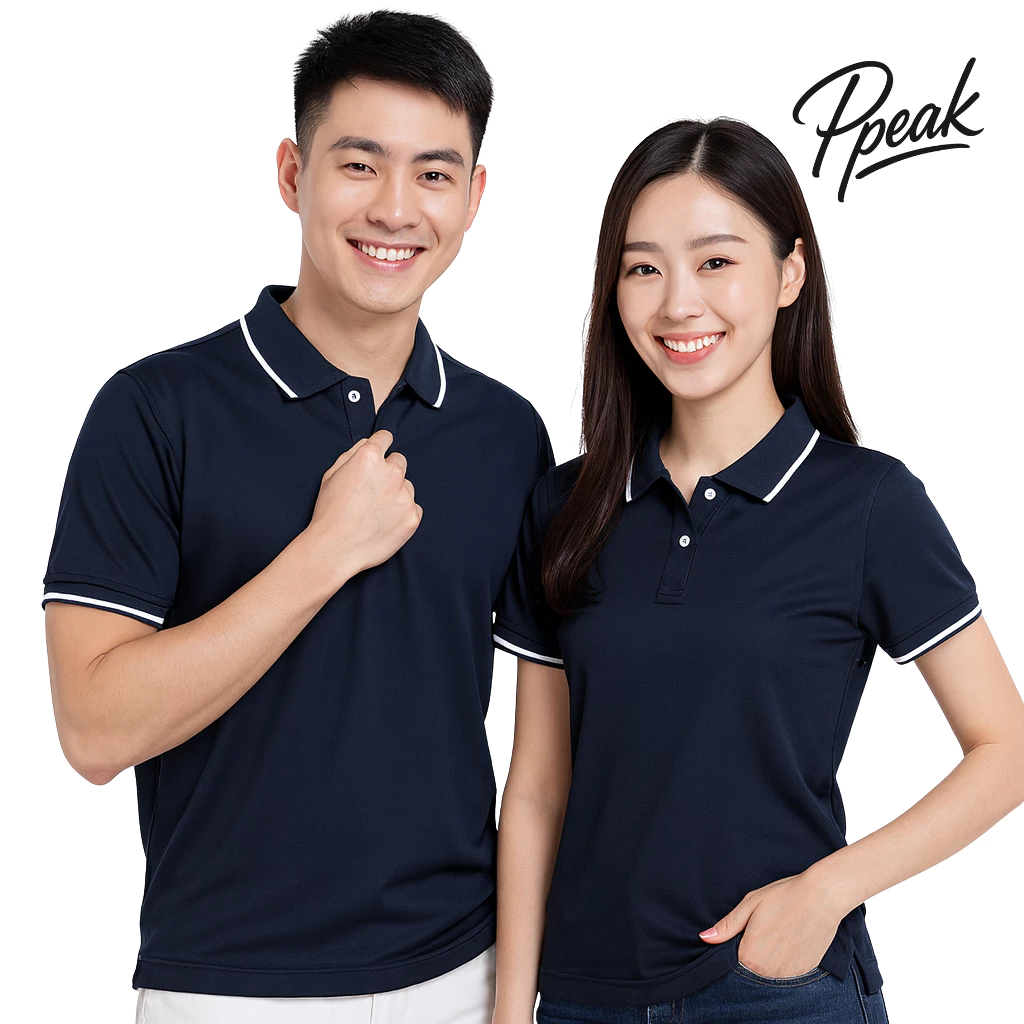เสื้อโปโล สีกรมท่าเข้ม ปกริ้วขาวใหญ่ 1 เส้น สาบกรม แขนจั๊ม