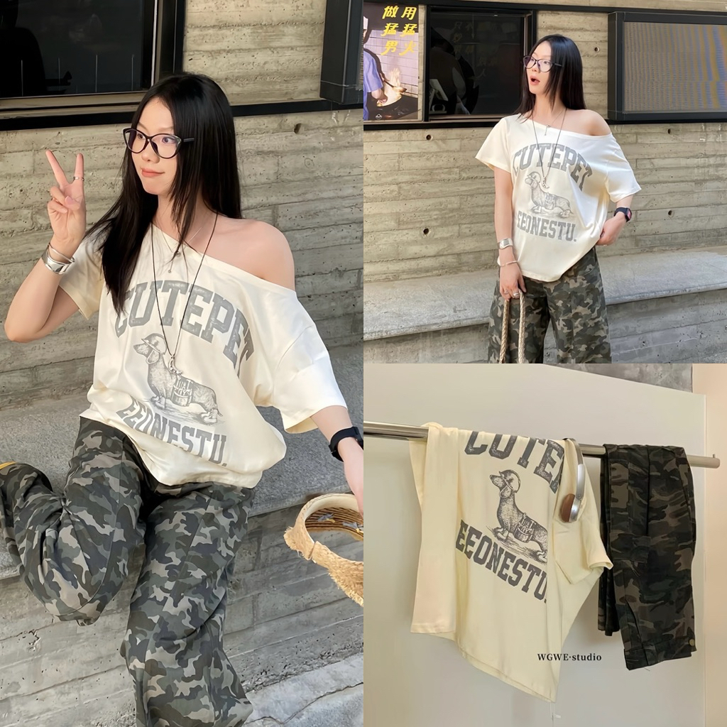 BY0227 พร้อมส่ง - เสื้ิปาดไหล่สกรีนลายโอเวอร์ไซส์ benly co