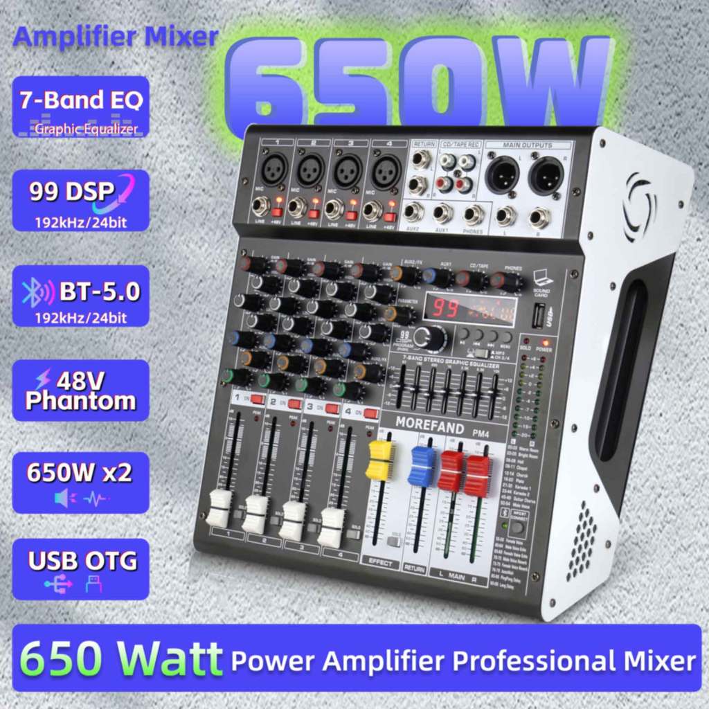 PM4 Mixer Audio mixer 99DSP มิกเซอร์ EQ With power amplifierการแสดงบนเวทีครอบครัว KTV audio interfac