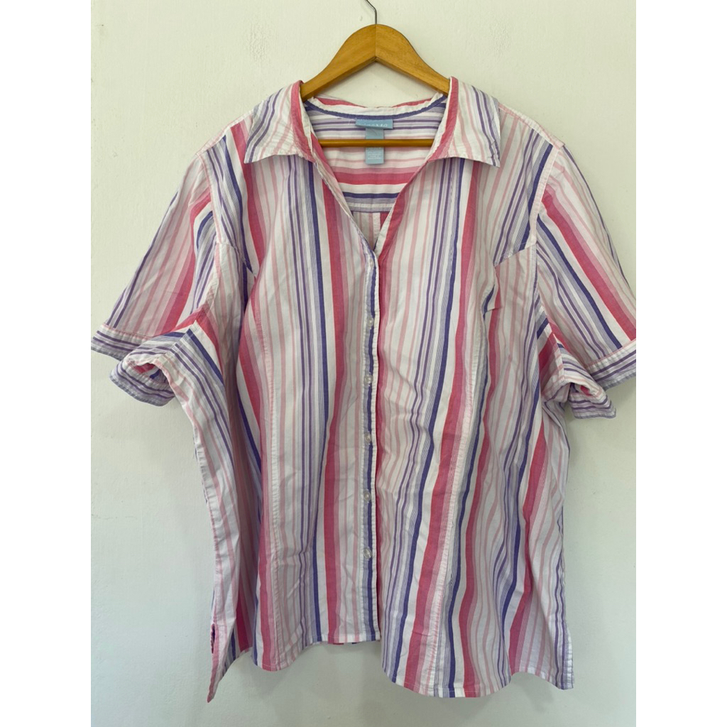 AW *ผ้าหมอง* Liz & Me 4XL อกหน้าผ้า 62 นิ้ว ยาว 28 ผ้าฝ้าย เสื้อสาวอวบ ลายร่อง เชิ้ตสาวอวบ