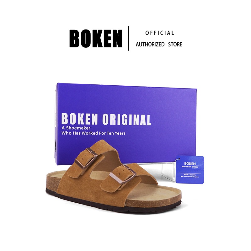 BOKEN ผู้หญิง Flats รองเท้าแตะคลาสสิก รองเท้าแตะไม้ก๊อกสีน้ำตาล