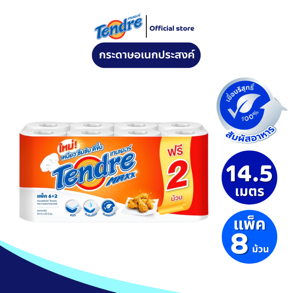 เทนเดอร์ กระดาษอเนกประสงค์ 14.5 เมตร แพ็ค 6+2 ม้วน Tendre Household Towels 14.5 m.