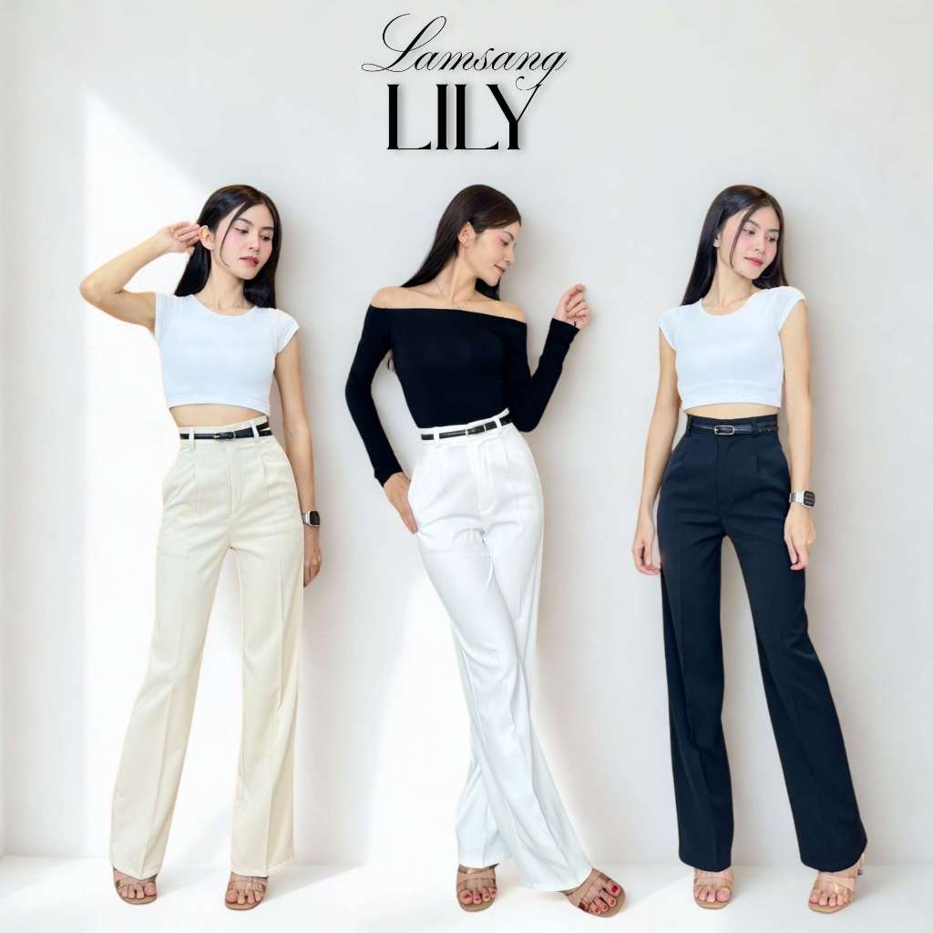 LAMSANG P12 Lily Pants กางเกงเอวสูงกระบอกกลางแต่งหูเข็มขัด