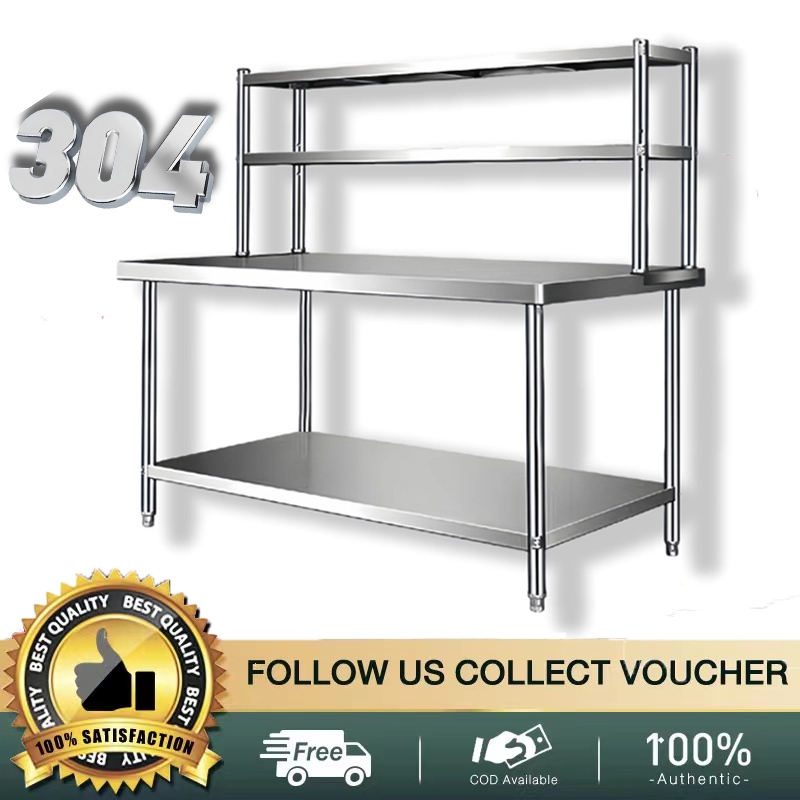 304 stainless steel table ขอบล้อม 120CM×50CM×80CM โต๊ะสแตนเลส คุณภาพสูง โต๊ะทำงาน ทำความสะอาดง่าย โต๊ะสองชั้น โต๊ะ New