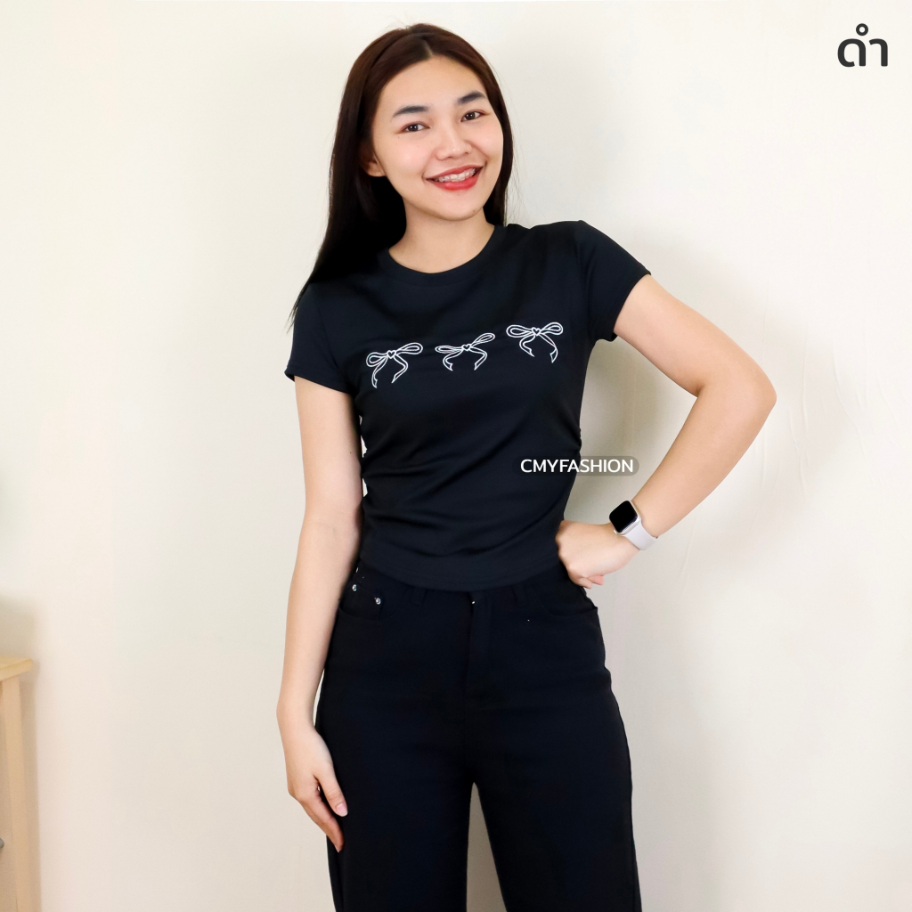 เสื้อยืดผู้หญิง คอกลม แขนสั้น เอวจั้ม ปักลายโบว์ ผ้าร่องเล็ก เนื้อผ้านิ่ม ดีไซน์ทรงเข้ารูป สาวอวบใส่ได้ 402# 402-2xl#