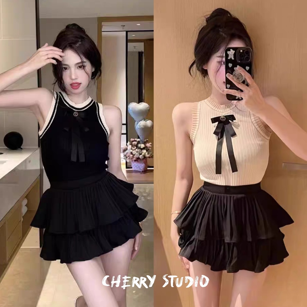 Cherry✨พร้อมส่ง✨เสื้อเซ็ท2ชิ้น ชุดsexy ชุดเจ้าหญิง เสื้อสายเดี่ยว+กระโปรงสั้น ชุดไปทะเล มีฟองน้ำ น่ารักเซ็กซี่เบาๆ