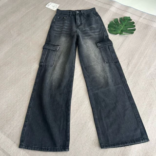 #6621 (XS-6XL) jinjeans กางเกงยีนส์คาร์โก้สีดำฟอก แต่งเฟด