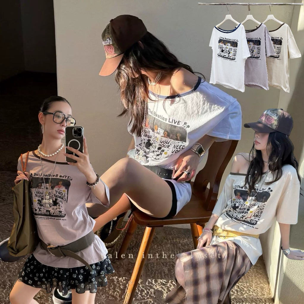 ส่งด่วน 🛵 𝗕𝗘𝗔𝗧𝗟𝗘𝗦 𝗩𝗜𝗕𝗘 𝗧𝗘𝗘 เสื้อยืดทรงปาดไหล่พิมพ์ลายสุดคลาสสิค