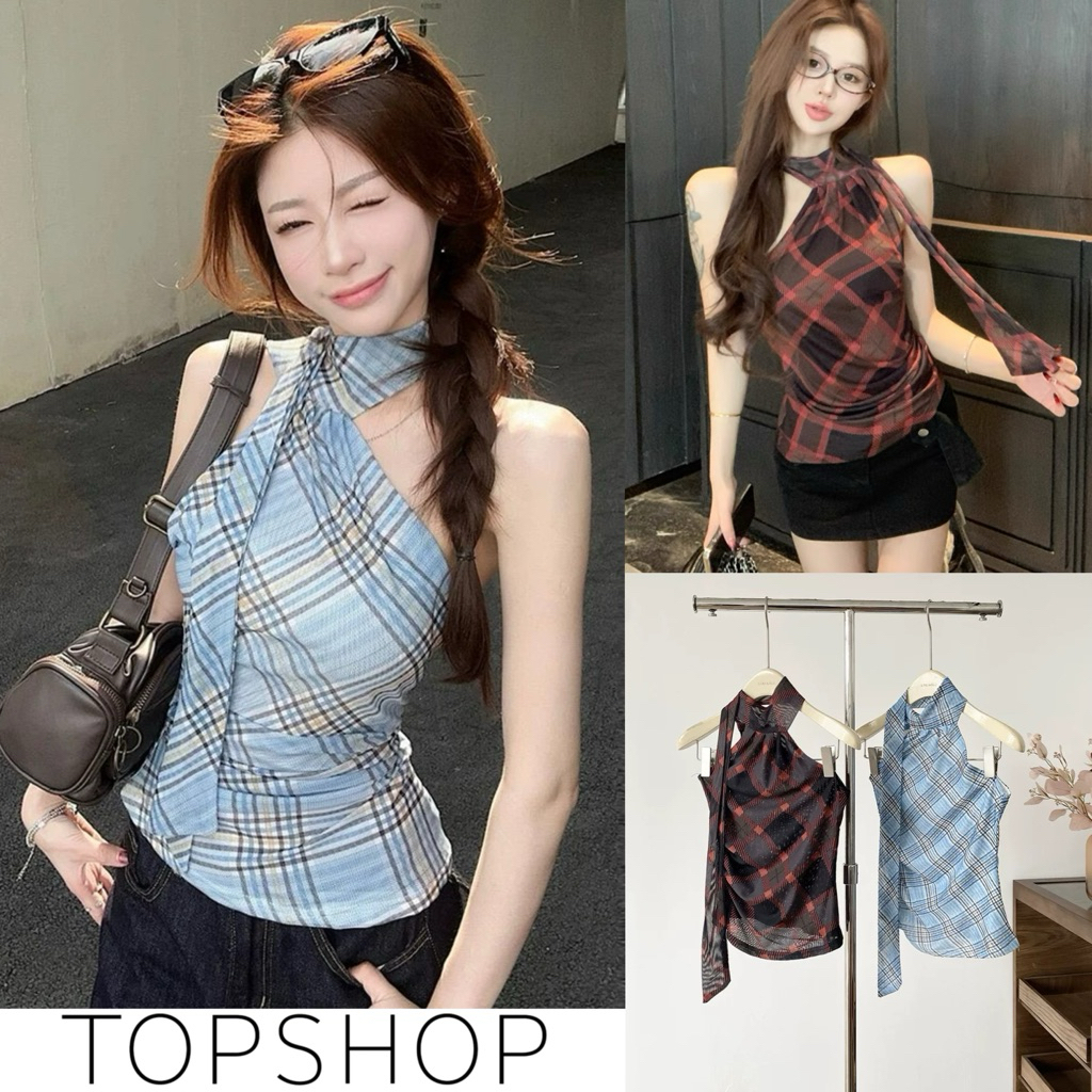 STR พร้อมส่ง💙🤎เสื้อครอปแขนกุด เสื้อซีทรูลายสก๊อคคอสูงดีเทลพันรอบคอ ทรงรัดรูป เซ็กซี่แฟชั่น ลำลอง ผู้หญิง ชุดไปเที่ยว
