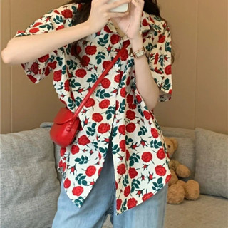 เสื้อเชิ้ตแขนสั้นลายดอกกุหลาบสำหรับผู้หญิงฤดูร้อน ใหม่แขนพอง…