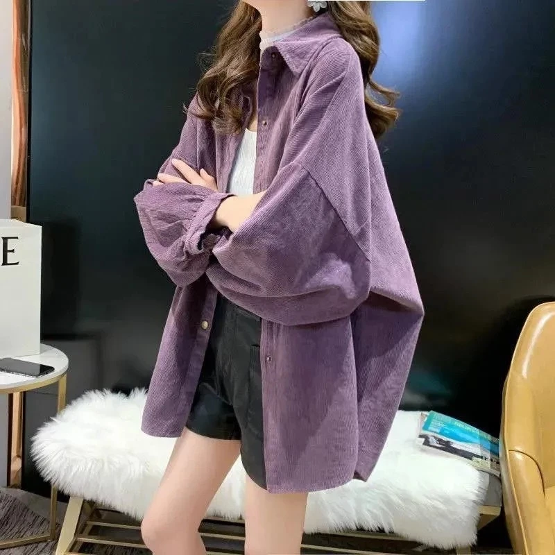 ใหม่ เสื้อคลุมแขนยาว เสื้อเชิ้ต ผ้าลูกฟูก ทรงหลวม ผ้าดี ใส่สบาย สไตส์เกาหลี
