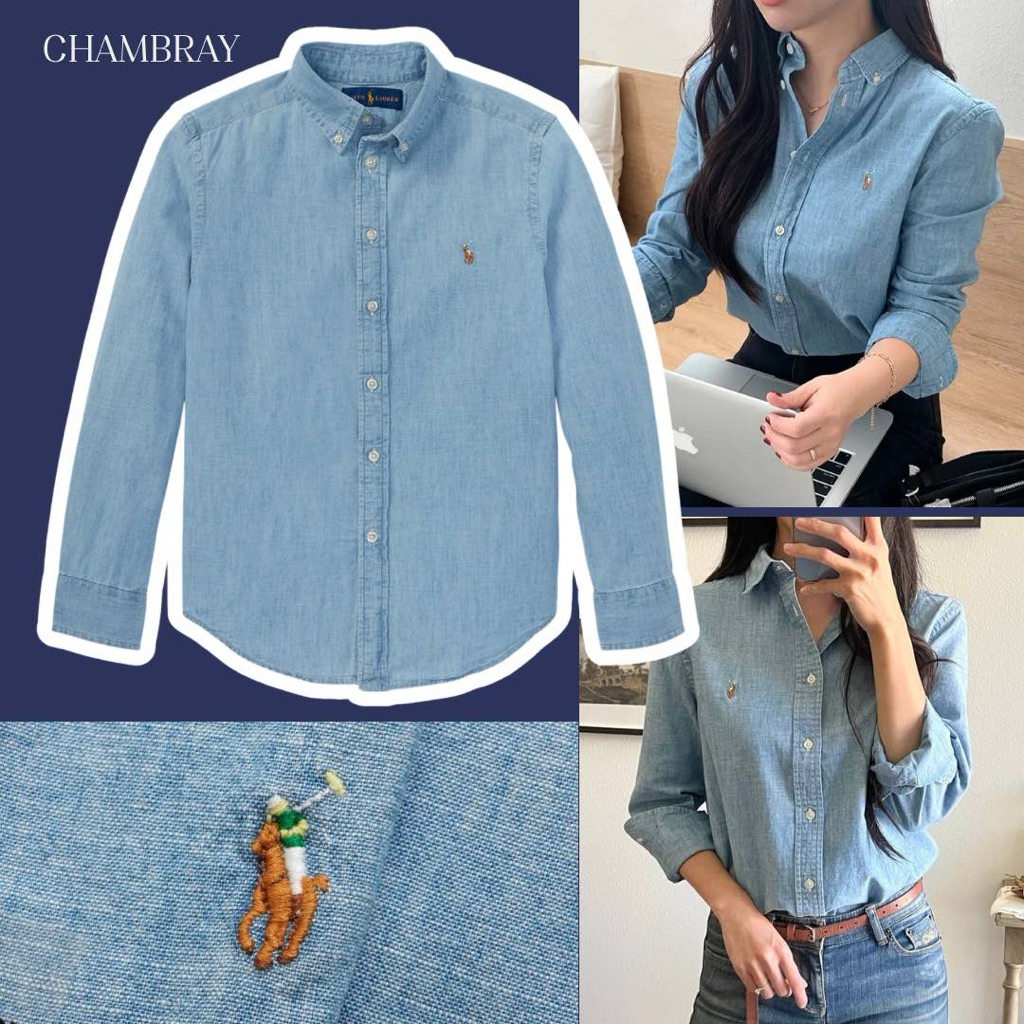 พร้อมส่ง☀️ลดเหลือ2296฿ กดเก็บโค้ดลด20%☀️ Ralph Lauren Cotton chambray shirt dark blue(ของแท้100% มีqr codeสแกนเช็คได้)