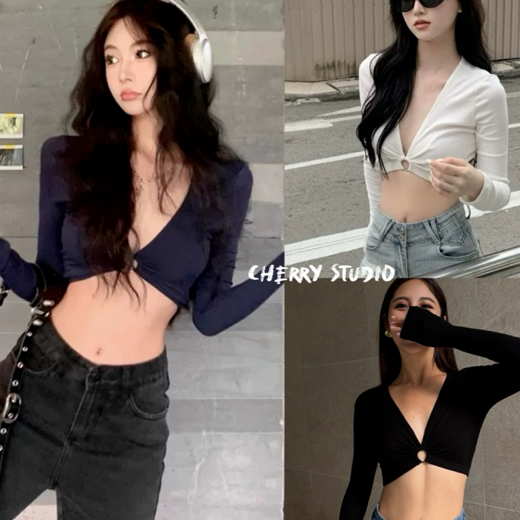 Cherry✨พร้อมส่ง✨เสื้อเซ็กซี่ เสื้อยืดแขนยาว คอวี สีพื้นเอวลอยทรงเข้ารูป โชว์เอวเซ่บมาก เสื้อยืดทรงครอปสีขาว สไตล์สาวเกาห