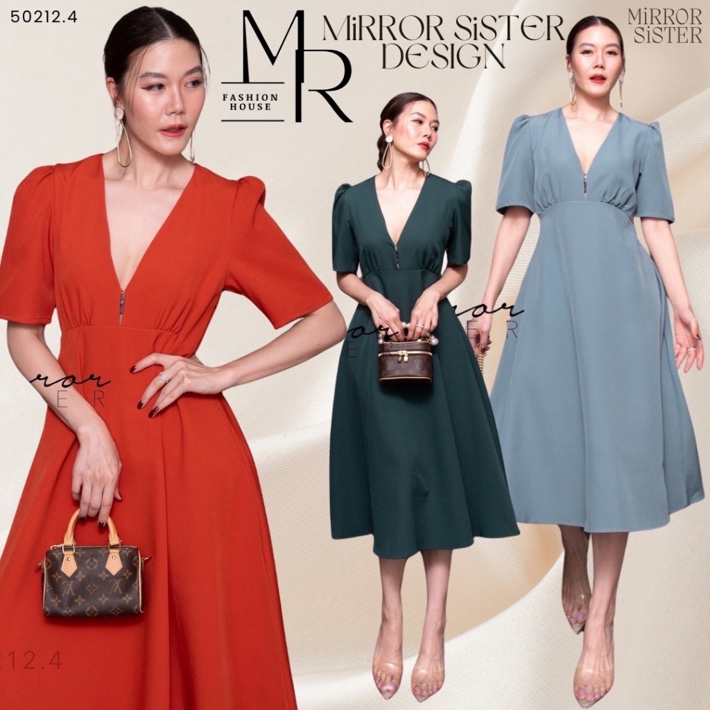 🔖Mirrorsister 50212.4 เดรส ใส่ได้ทั้งทำงานและออกงาน คอวีลึกมีตะขอเกี่ยวด้านในกันโป๊ แต่งไหล่ยก กระโปรงทรงบาน