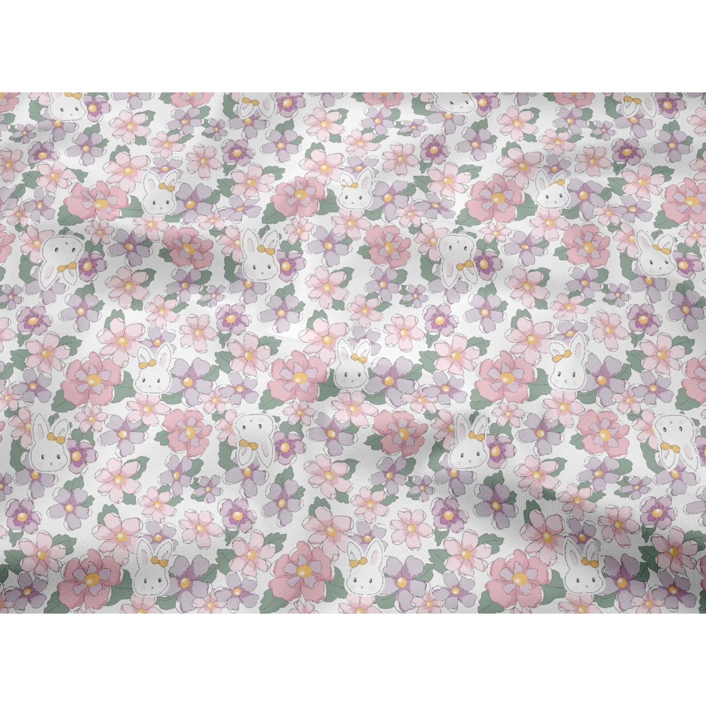 ผ้าคอตตอน 100% คอตตอนทอทวิล ผ้าเมตร ตัดขายเป็นเมตร ผ้าหน้ากว้าง 1.6 เมตร ลายกระต่ายดอกไม้สีม่วง