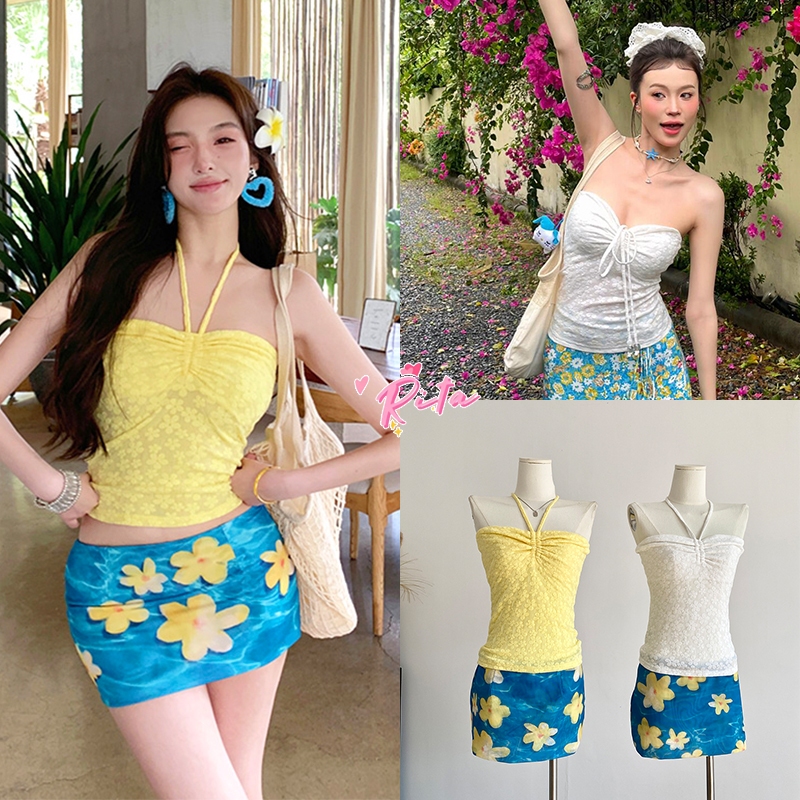 Rita พร้อมส่ง ชุดชายหาด ชุด2ชิ้น ชุดสาวแฟชั่นY2K คุณหนู เสื้อเกาะอกผูกคอ+กระโปรงสั้นลายดอกไม้ ชุดไปทะเล สไตล์เวียดนาม