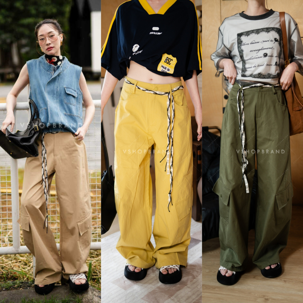 3690-4 กางเกงคาร์โก้กระเป๋าข้าง + เชือกลูกไม้ งานป้าย vshopbrand