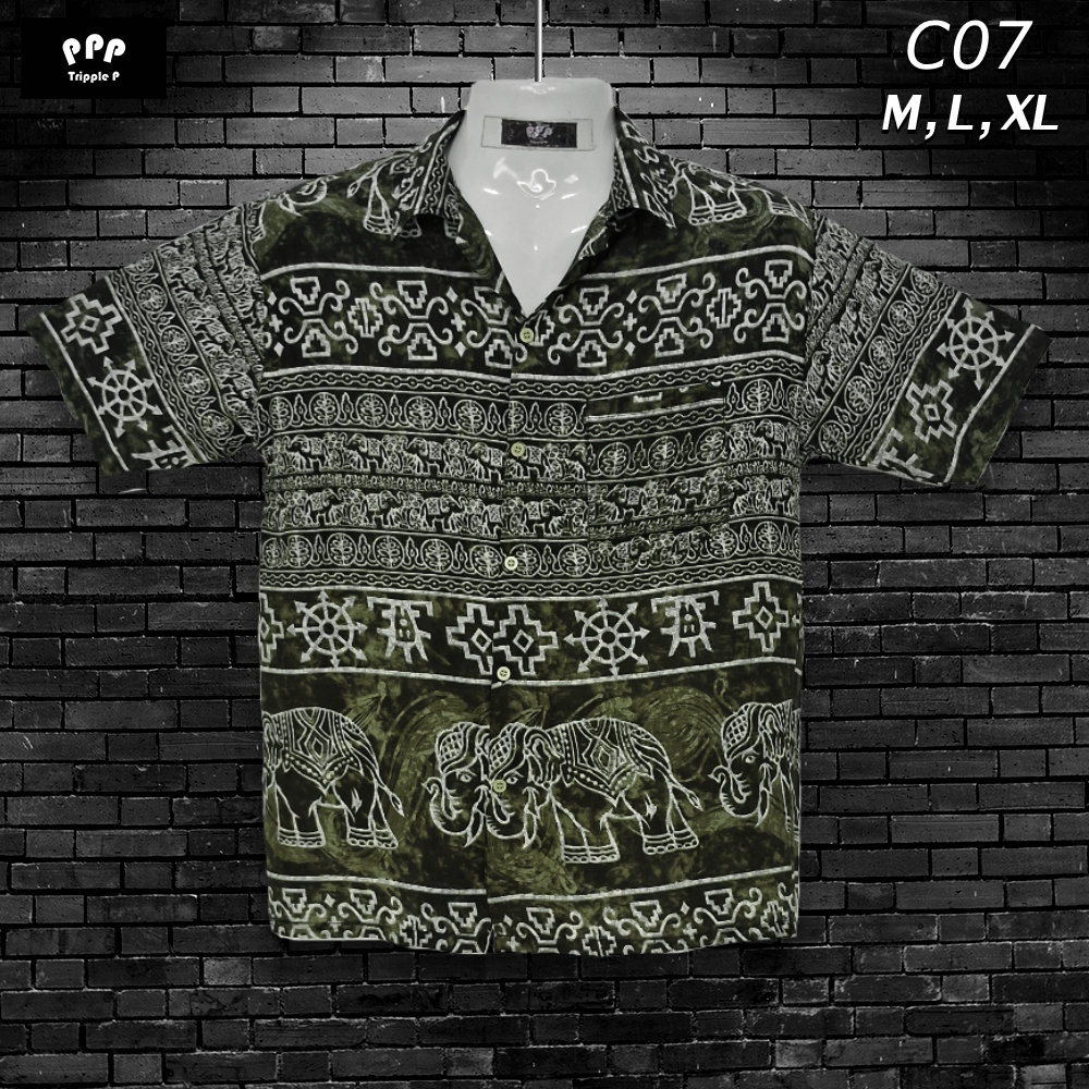 [C07] เสื้อเชิ้ตลายช้าง สีเขียวขี้ม้า ผ้าสปัน เนื้อผ้านิ่ม ใส่สบาย สีไม่ตก
