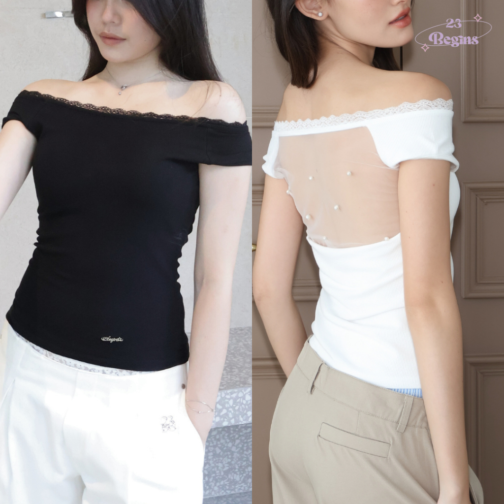 Pearl Bloom เสื้อปาดไหล่ลูกไม้ ด้านหลังซีทรู ดีเทลไข่มุก (681)