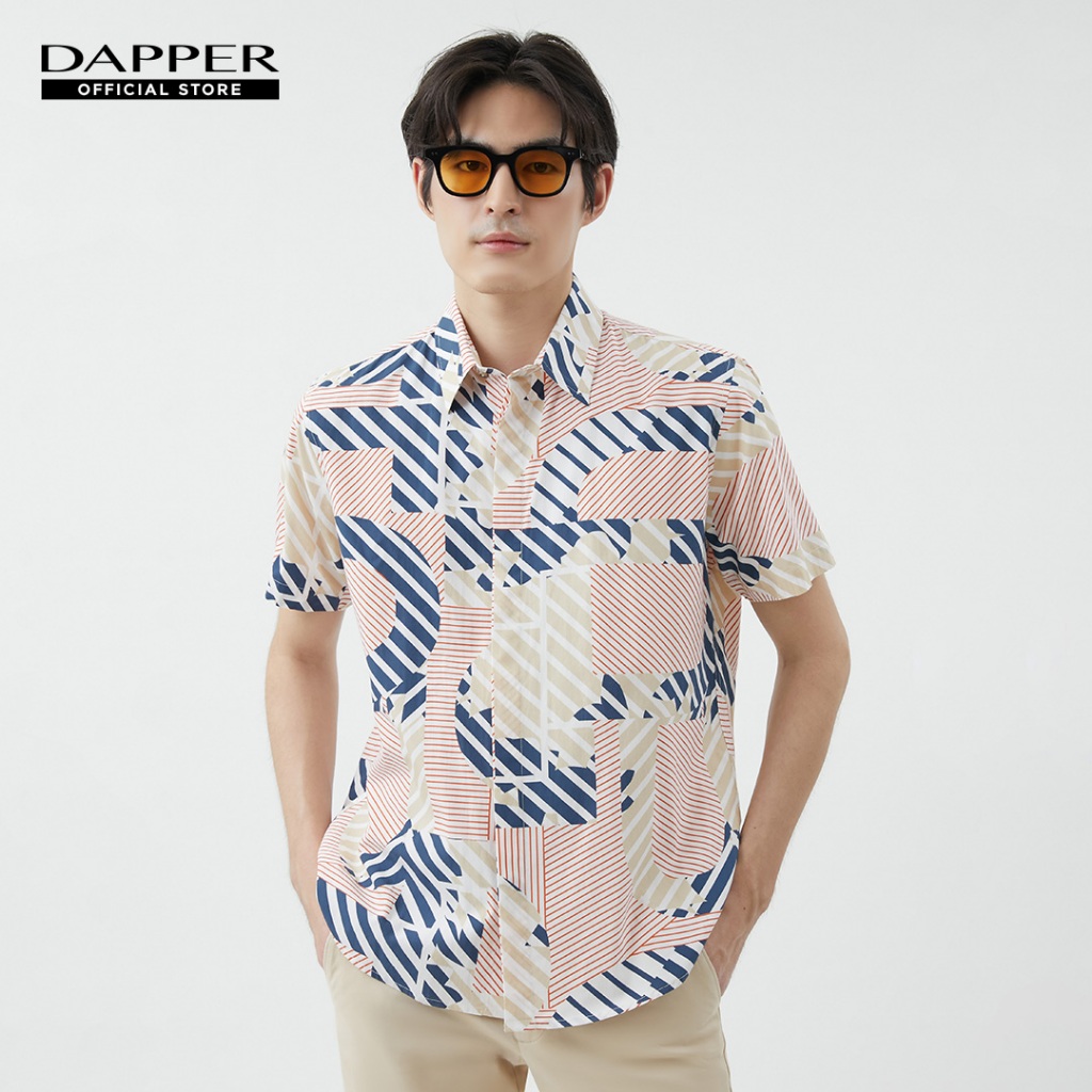 DAPPER เสื้อเชิ้ตแขนสั้น Logo Contrast Striped Print สีครีม (BCS/CR/431TP)