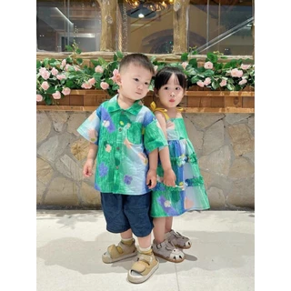 AY092 เซตพี่น้องแสนซน สดใสน่ารัก สไตล์แฟชั่นเด็ก เสื้อเชิ้ตพี่ชาย + เดรสน้องสาว คู่กันน่ารักที่สุด